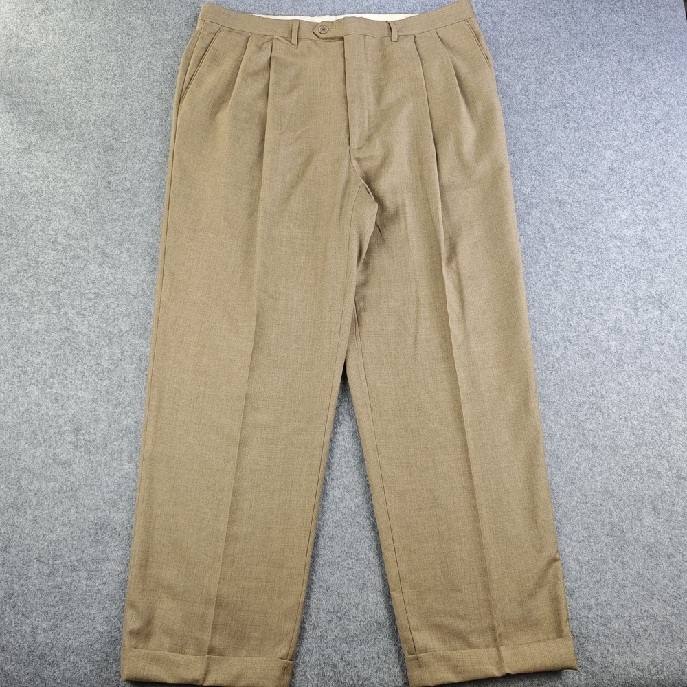 Santorelli Pants Mens 38x30 Beige Pleated Cuffed 100% Wool Italy Luxury Serge